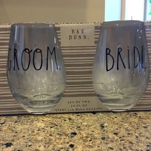 NEW Rae Dunn Stemless Wine Glasses- Bride & Groom